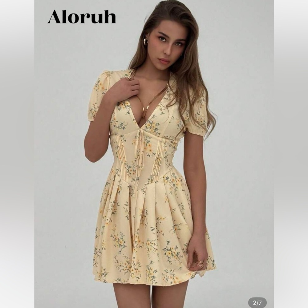 Yellow Puff Sleeve Mini Sundress with Plunge Neckline - Picture 4 of 6